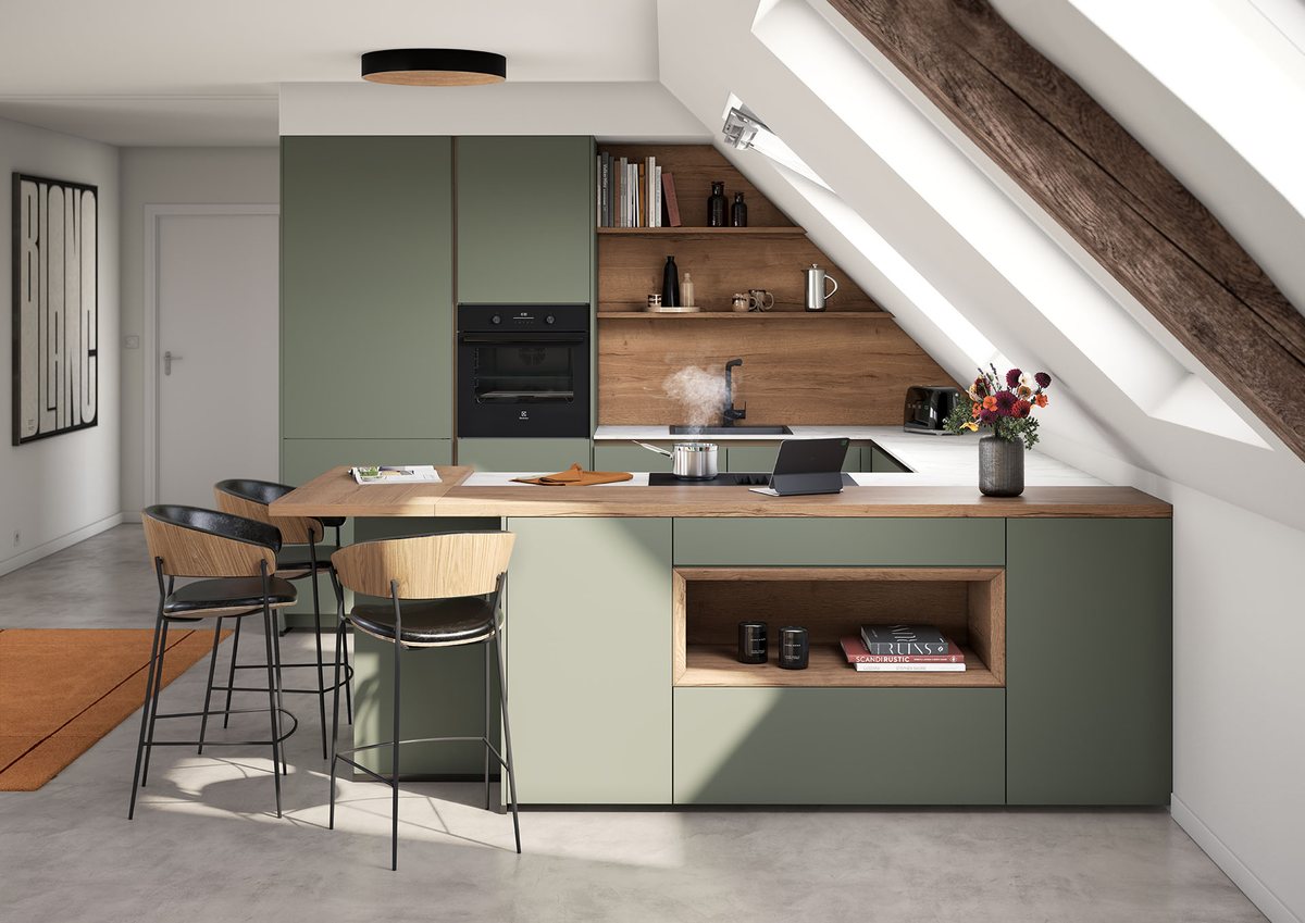 Cuisine Vanden Borre Kitchen vert olive sans poignée aménagée en U sous combles